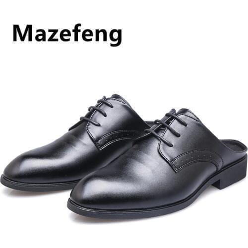 Mazefeng Increase Male Shoes Lace- Up Slippers Men Slippers Simple Casual Half Slippers Solid Outdoor Leather Slippers Round Toe
