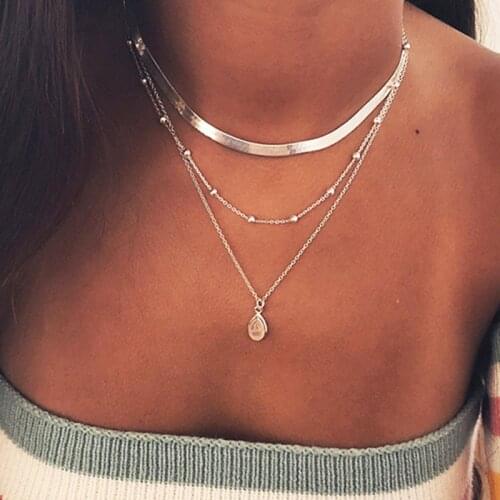 Multilayer Water Drop Crystal Pendant Necklace Women Vintage Beads Blade Snake Chain Geometric Necklace Jewelry Kolye YN1544