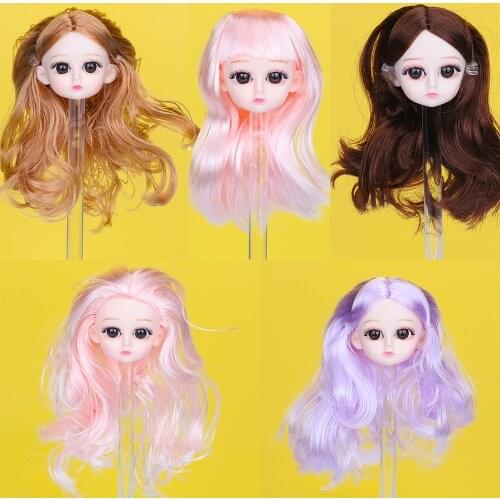 Soft Plastic Doll Head With Makeup Wig Smile Face White skin Double-fold Eyelid DIY Heads For 6Inch Doll Body