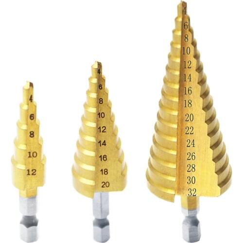 HSS Titanium Coated Step Drill Bit set Hex Shank Step Cone Drilling Bit for Metal Wood Drill Hole Cutting Tools