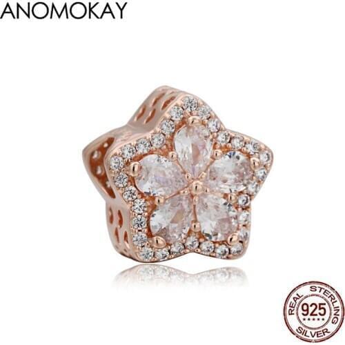 Anomokay New Arrivals Shinny Five Piece Crystal Flower Charm fit Bracelet Rose Gold Color Snowflake Beads with White Crystal