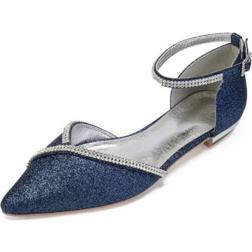 Flat Sequin Wedding Shoes Women Pointed Toe Ankle Buckle Strap Formal Party Flats Ladies Dress Shoes