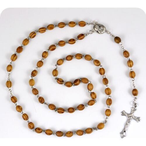 Holy soil TERRA JERUSALEM Oval Wood Rosary Beads INRI Jesus Cross Crucifix Pendant Necklaces Catholic Fashion Religious Jewelry