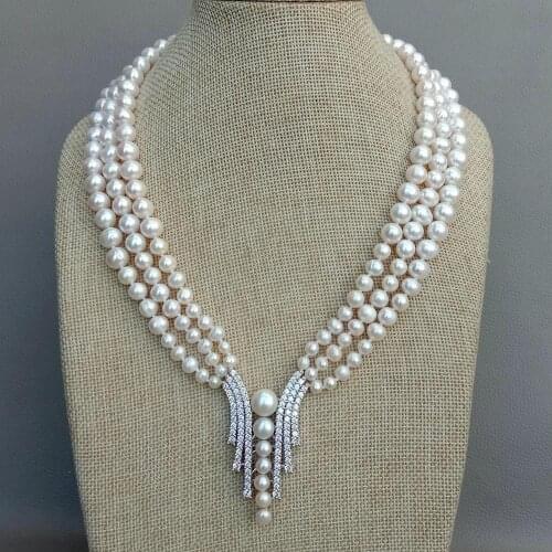 YYGEM 18" 3 Strands Cubic Zirconia micro Pave Connector Cultured White round freshwater Pearl chokers Necklace wedding for women