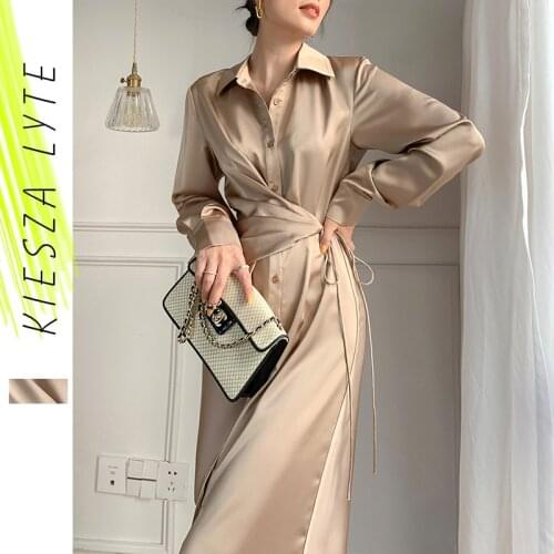 Champagne Shirt Dress New 2021 Spring Autumn French Elegant Satin Long Sleeve Dresses Fashion Classy Outfits