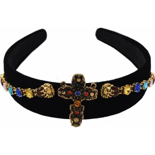Baroque Vintage luxury exaggerated retro wide headbands crystal cross hairband temperament bride colorful rhinestone hair bands