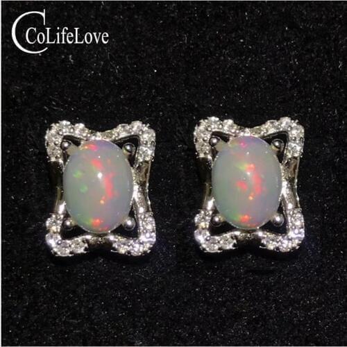Classic opal silver earrings oval cut natural opal stud earrings sterling silver opal jewelry gift for woman