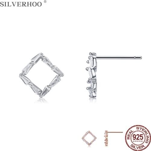 SILVERHOO Genuine 925 Sterling Silver Geometry Square Stud Earrings For Women Clear 5A Zircon Earring Luxury Party Jewelry Gift