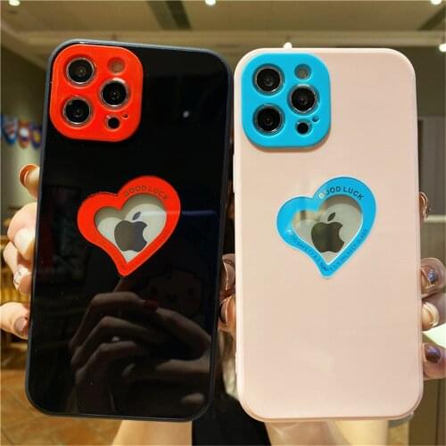 Cute Love Heart LOGO Hole Phone Case For iPhone 12 11 Pro Max X XR XS Max 7 8 Plus SE 2020 Candy Color Soft Silicone Back Cover