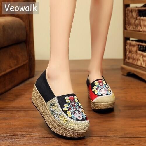 Veowalk Face Embroidered Women Canvas 5cm Flat Platform Vintage Handmade Linen Cotton Slip-on Sneakers Ladies Thick Bottom Shoes