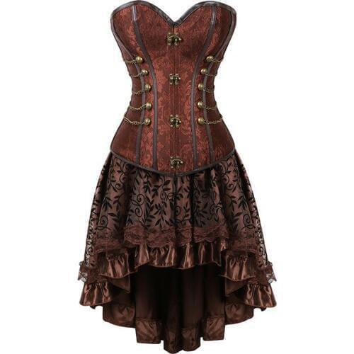Victorian Bustier Dress Women Sexy Corset Set Brown Vintage Gothic Clothing Plus Size Steampunk Dresses Burlesque Outfits S-6XL