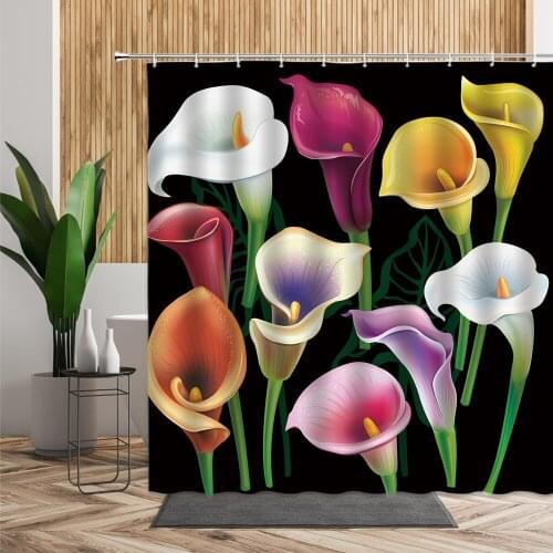 3D Butterfly Flowers Waterproof Shower Curtain Color Calla Lily Pink Tulip Bathroom Partition Waterproof Bath Curtains With Hook