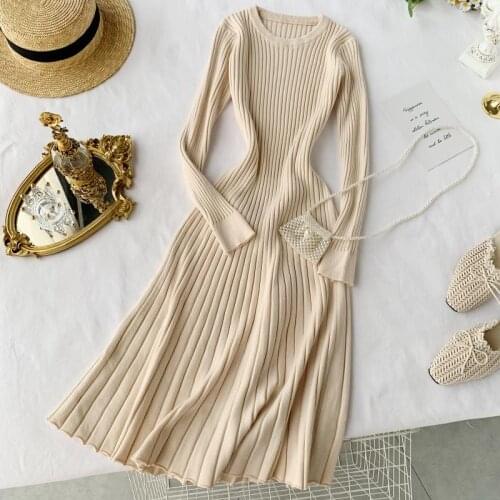 Apricot Solid Knitted New Warm Casual Pollover Jumper Dresses Sweater Dress Women 2021 Thick Woman Korean Winter Vestido Midi