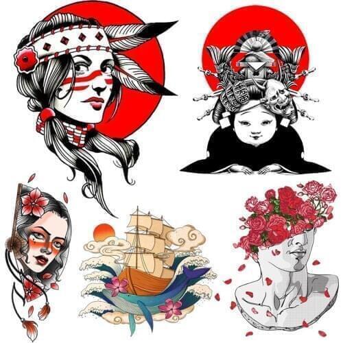 Japanese Art Paint Patch Iron-on Transfers For Clothing Japan Women Applique On Clothes Flower Stickers Stripes Clothes Decor