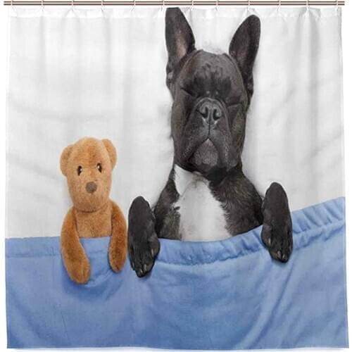 Shower Curtain,French Bulldog Sleeping With Teddy Bear Cozy Bed Best Friends Fun Dreams Image,Waterproof Polyester Fabric Shower