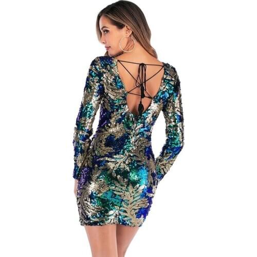 Green Sequin Dress Women Sexy Club Dresses Slim Fit Backless Bodycon Party Nightclub Mini Vintage Embroidery Dress vestido