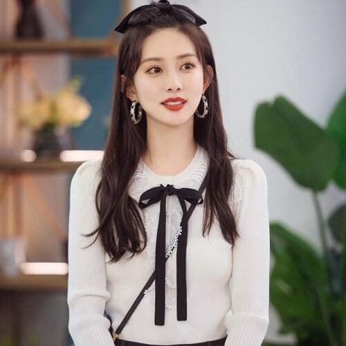 Women Sweater 2021 Early Autumn Pearl Single-breasted Lace Trim Bow Slim Knit Cardigan White Long-sleeved Sweater