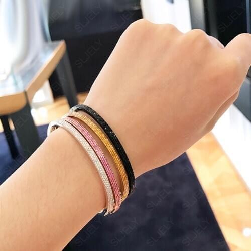 SLJELY Real 925 Sterling Silver Three rows Pink Orange White Black zircon Thin Bangle Bracelet Women Luxury Brand Fine Jewelry