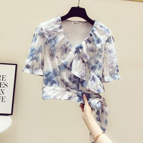2021 Summer New Womens Sweet Ruffled Blouses Chiffon Shirt Short Sleeve Top Fashion Summer Wear Cropped Blusas Mujer