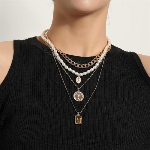New Design Punk Women Coin Pendant Necklaces Pearl Multilayer Necklace For Women Thick Chain Chunky Party Jewelry Gifts