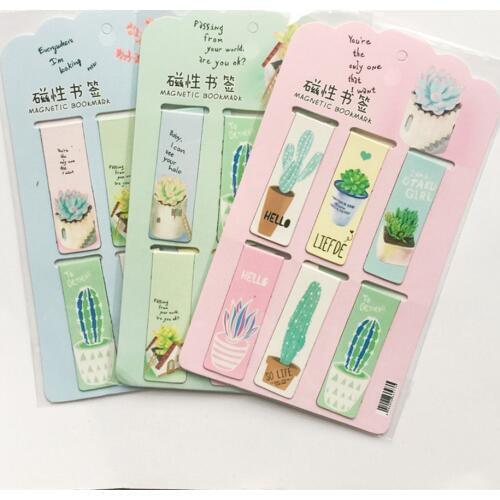 6pcs /Set Fresh Green Plants Cactus Magnetic Bookmarks Books Marker of Page Stationery School Office Supply Paper Clip