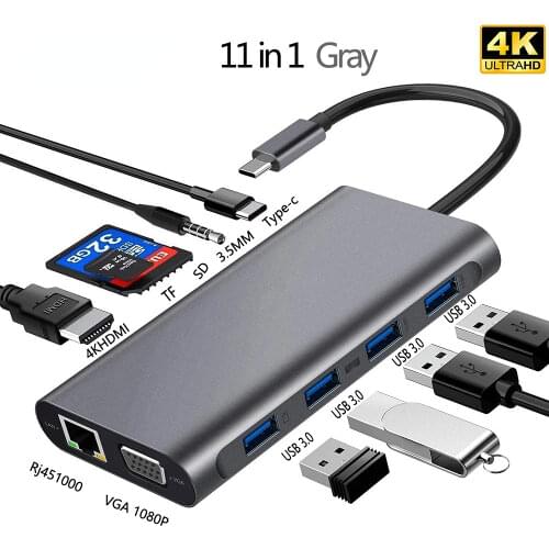Tjtak HDMI VGA 11 em 1 Tipo C Adaptador USB 3.0 Porto 4K HDMI VGA RJ45 Gigabit Ethernet Para MacBook pro