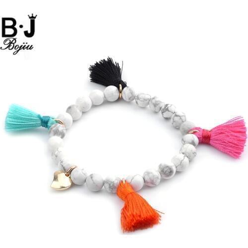 BOJIU Tassel White Howlite Beaded Mixed Ag. Colored Bead Women Casual Strand Bracelet 8mm New Beaded Bracelets Gifts BC171