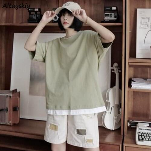 T-shirt Women Oversize Patchwork Loose Minimalist Female Fashion All-match Korean Style 3 Colors Hot Sale Tops Harajuku Ins Soft