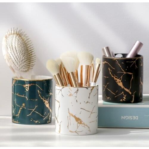 Marble Pattern Pen Holder Cosmetic Storage Box Makeup Brush Lipstick Case Ceramic Jar Desktop Home Table Organizer