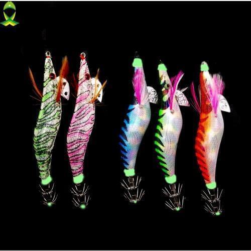 JSM 5 Pcs/lot luminous squid hook Jigs Lure Shrimp lifelike Luminous wood Hooks Bait Glow In the Dark