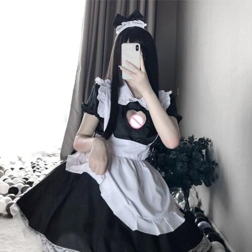 Womens Vintage French Maid Uniform Lingerie Set Short Sleeve Sexy Hollow Out Heart Keyhole Dress with Apron Panty Headband Lolit