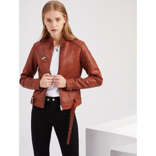 2021 Spring Autumn Faux Pu Leather Jackets Women Stripe Outerwear Pocket Zipper Coat Slim Biker Jacket Red Black Womens Clothing