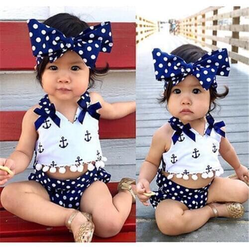 2021 Summer 3pcs Baby Girl Clothes Set Baby Anchor Tops + Polka Dots Briefs Summer Outfits Set Sunsuit Costume