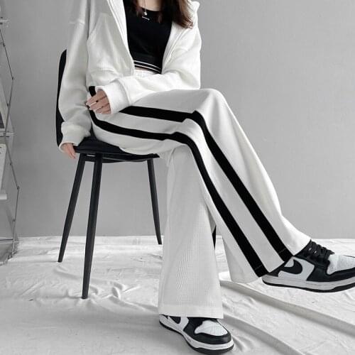 High Waist Baggy Sports Pants Autumn Winter 2021 Womens Clothing Plus Size Stripe Splicing Wide Leg Fashion Casual Pants