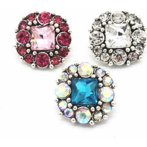 Mixs 6pcs/lot Vintage 3 Colors Square Crystal Snap Buttons Rhinestone Snap Charms Fit 18mm Snap Bracelet Necklace DIY Jewelry
