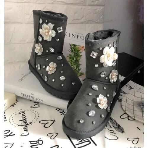 2021 new style brand hand-made gemstone rhinestones real cowhide snow boots in the tube thick bottom warm womens boots