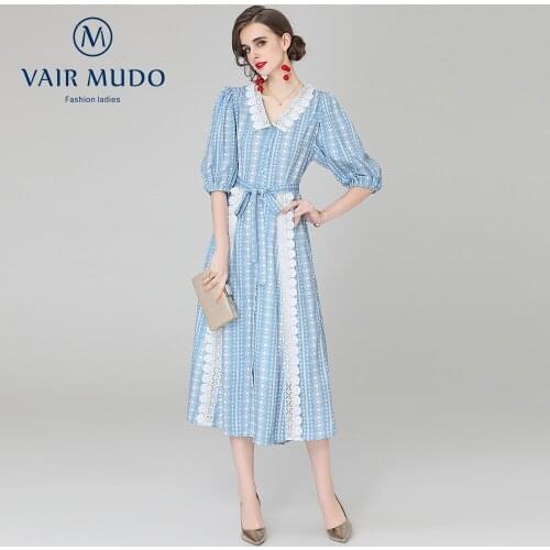 2021 Summer New Product V-Neck Lace Contrast Stitching Dress With Puff Sleeve Long Skirt Women Blue Chiffon Eelgant FashionY-221