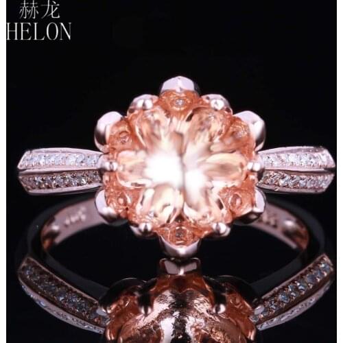 HELON Solid 14k Rose Gold Brilliant 0.4ct Natural Diamonds Lotus Flower Fine Jewelry Semi Mount Engagement Ring Fit Round 8-9mm