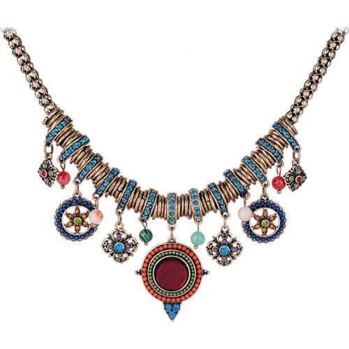 Choker Necklace For Women Vintage Jewelry Crystal Bohemai Gold Ethnic Colourful Beads Resin Pendant Statement Necklace