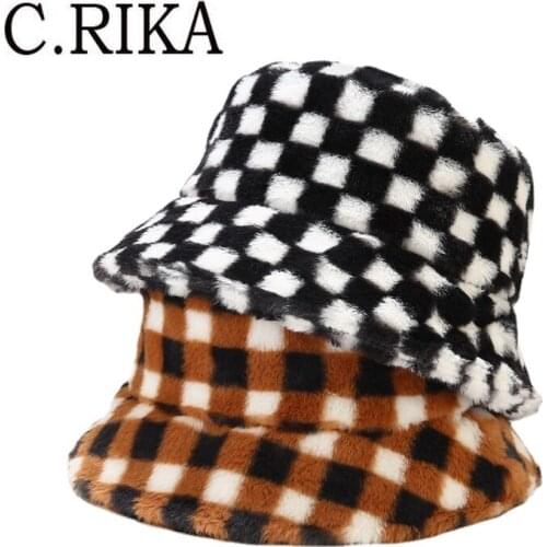 Autumn Winter Faux Fur Bucket Hats Women Fashion Black White Plaid Fisherman Hat Outdoor Travel Warm Plush Velvet Fluffy Panama