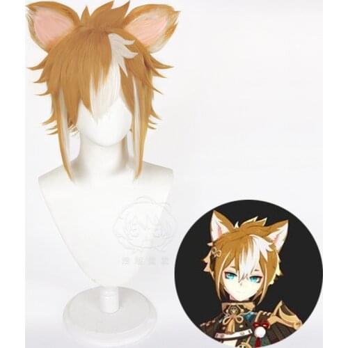 40CM Genshin Impact Gorou CosplayBrown Wig Cosplay with Ears Anime Cosplay Wigs Heat Resistant Synthetic Wigs Hair Halloween