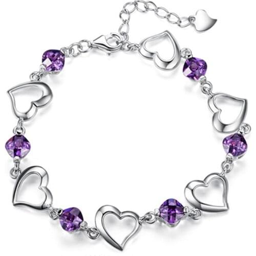 Luxury Silver Color Bangles Bracelets For Women Purple Love Heart Zircon Crystal Flower Jewelry Gift pulseira feminina