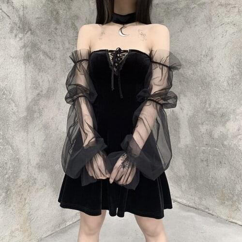 Ruibbit Gothic Vintage Sexy Lace Up Black Dress Goth Aesthetic Mesh Long Sleeve Mini Dress Women Harajuku High Waist Party Dress