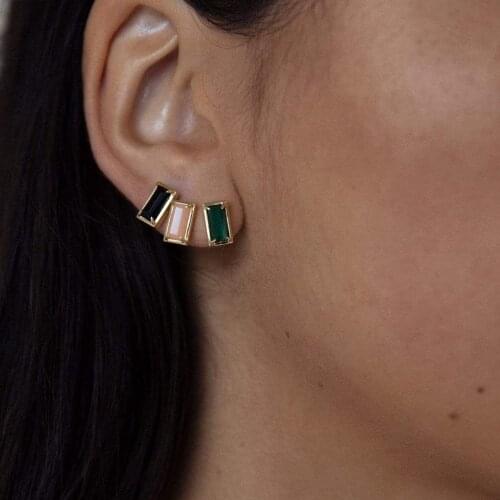 S925 silver square earrings European and American simple fashion black zircon earrings for women