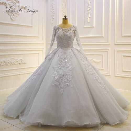 Amanda Design Custom Made Long Sleeve Lace Applique Beading Puffy Ball Gown Wedding Dress