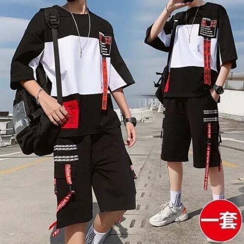 Streetwear 2pcs set men Short-sleeved Shorts Two-piece Suit Male Summer Student Youth Hip Hop Sports Style All Matching