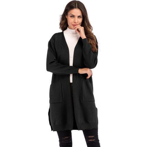 YYFS 2019 Fashion Cotton Womens Autumn Solid Color Long Knitted Jacket Long Sleeve Double Pocket Women Coat Clothing Plus Size