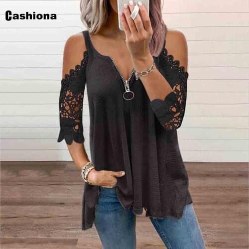 Cashiona Plus Size 5xl Female Summer Three Quarter Sleeve T-Shirt Casual Loose Female Tees Shirt Women New Patchwork Lace Tops