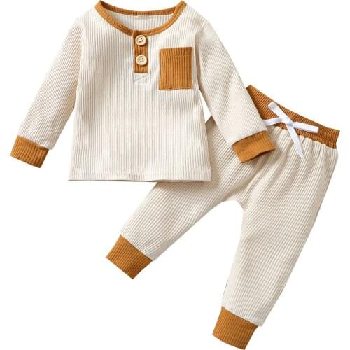 0-4Y Casual Kids Boy Girl Ribbed Outfits Autumn Patchwork Two-piece Long Sleeve Pullover Tops+Lace-up Pants Casual Toddlers Sets