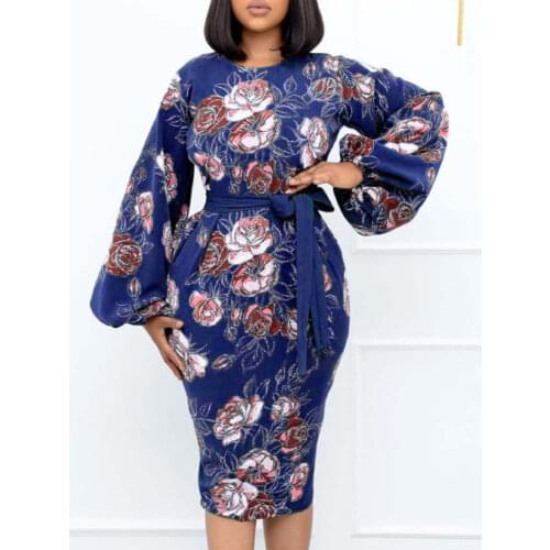 Women Printed Dresses Bodycon Long Lantern Sleeves Retro Slim Vintage Elegant with Waist Belt Office Ladies Classy Female Robes